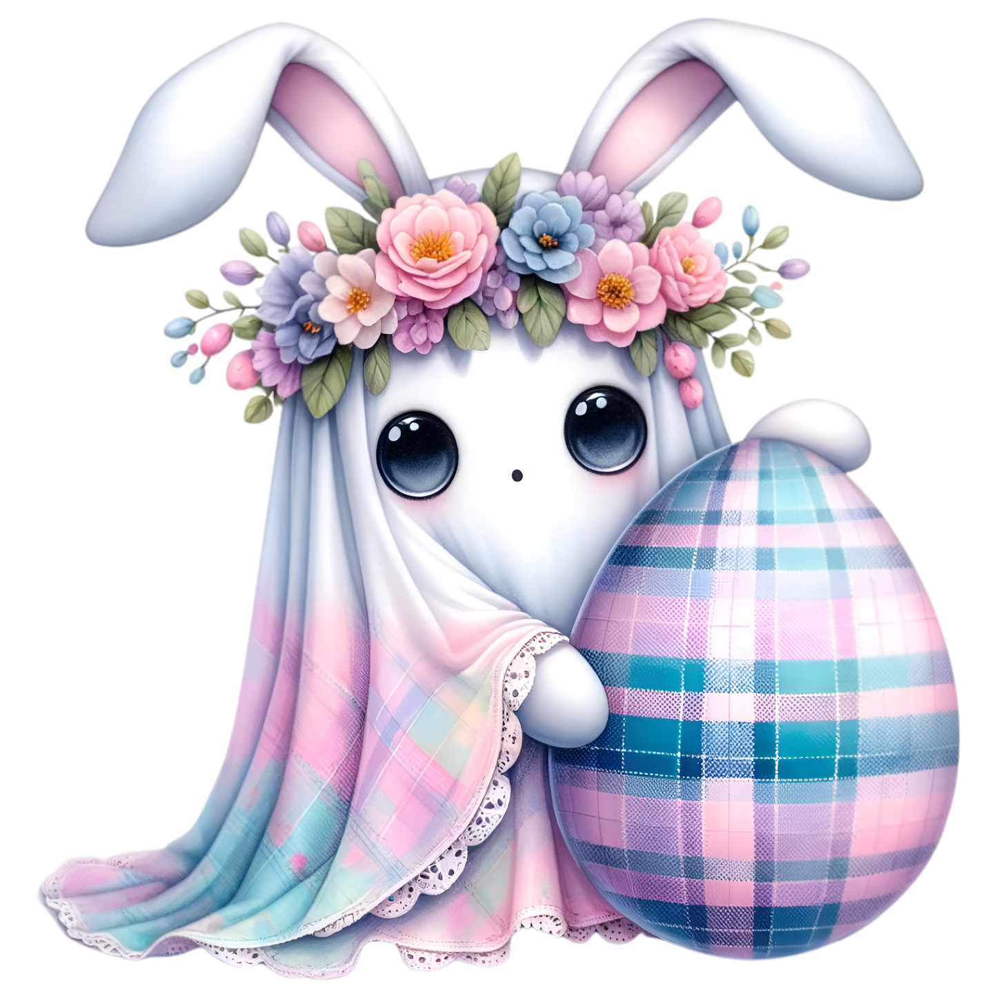 White/Pink/Blue Easter Ghost Bunny with Striped Egg