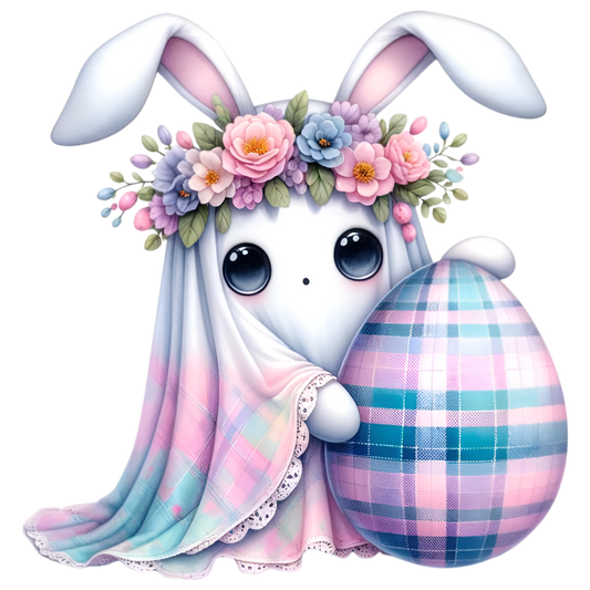 White/Pink/Blue Easter Ghost Bunny with Striped Egg