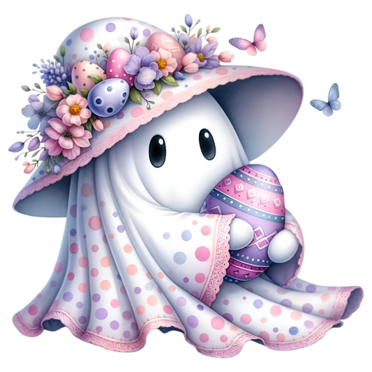 Pink Polka Dot Easter Ghost with Pink/Purple Egg