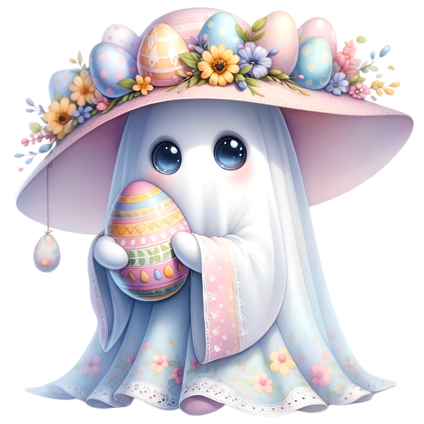 White Easter Ghost with Egg Hanging From Hat